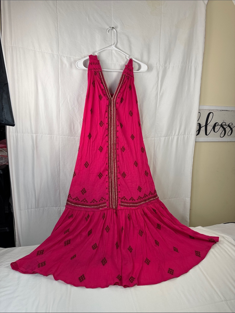 Free People‎ Hot Pink Embroidered V-Neck Maxi Dress Size XS
